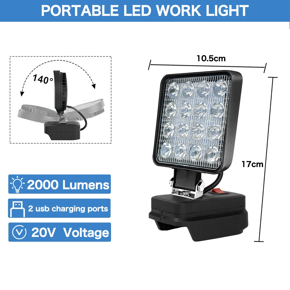 ONEKFYFD LED Work Light Fishing  with 2 USB Charging High Brightness Outdoor Work Camping Lamp for Makita 18V Battery