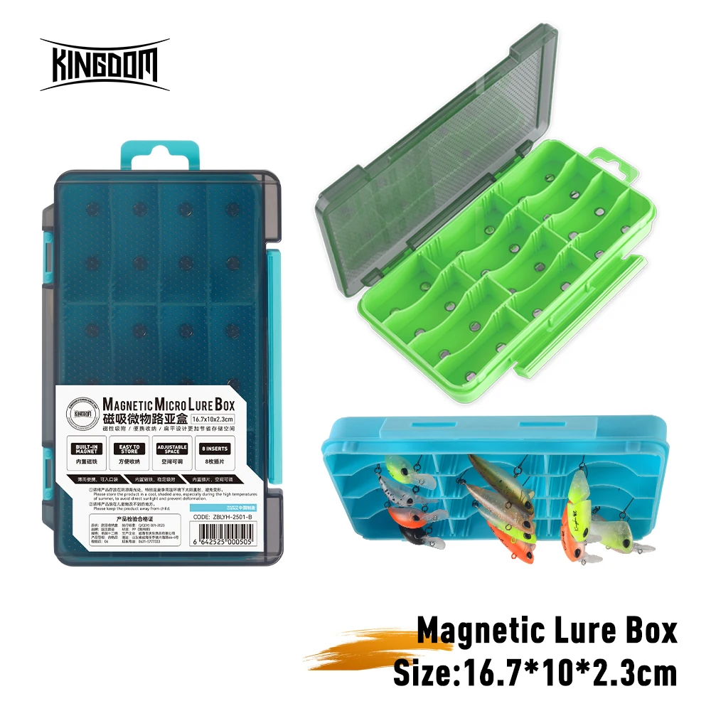 Kingdom Portable Magnetic Fishing Tackle Box 16.7*10*2.8cm Fishing Bait Lure Hook Box Adjustable Partition Fishing Accessories