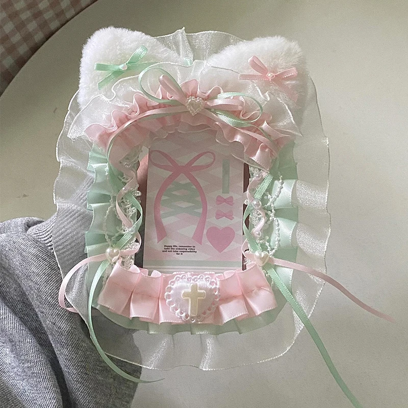 Handmade Fluffy Cat Ear PVC Photocard Holder With Hang Chain Lace Two-tone Satin Bow Ruffle Trim 3 Inch KPOP Polaroid Anime Case Lolita Fan Portable DIY Decor Trading Card Protector Storage Cover