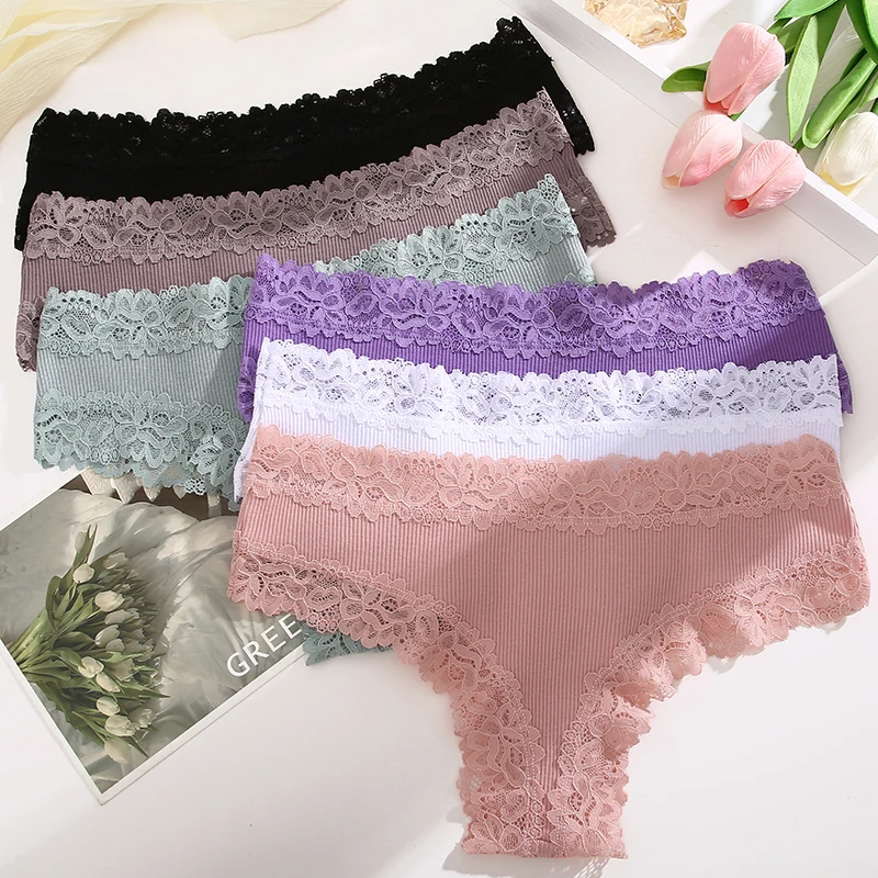 FINETOO 3PCS Women Cotton Panties Sexy Floral Lace Lingerie Soft Intimate Underwear Underwear Girls Briefs S-XL Solid Underpants