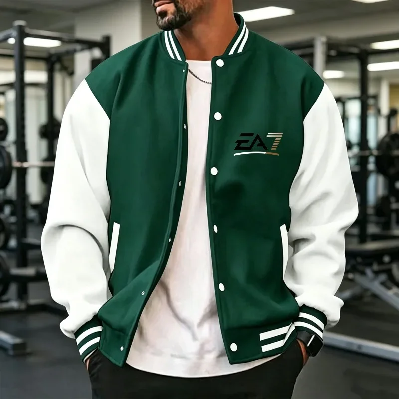 Men Fitness Varsity Jacket For Spring Autumn Winter, Contrast Spliced Sleeve Ribbed Cuff No.7 Logo Print  Sports Coat S-3XL