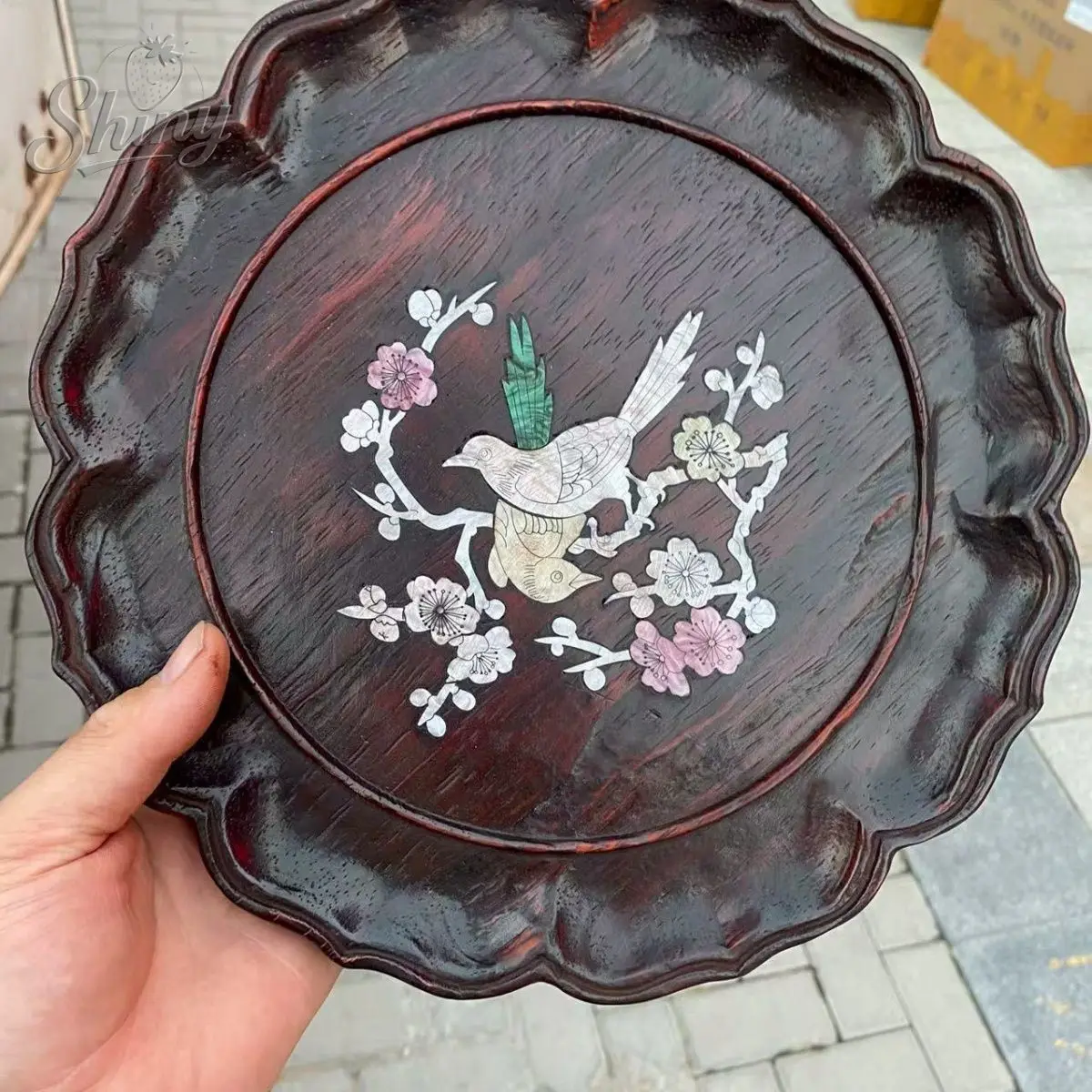 25cm Vintage Rosewood Tea Tray with Shell Inlay Home Use Round Tea Tray, Fruit Platter, Gongfu Tea Set Tray