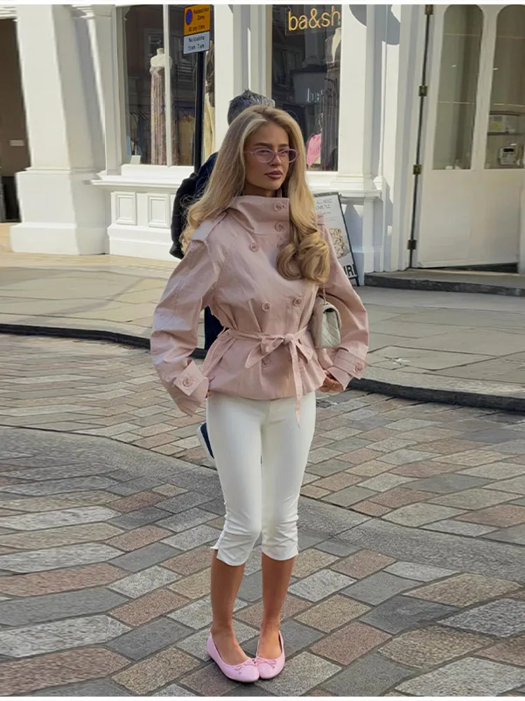 Lässige Rosa Doppelreihige Jacke für Damen, Schicker Stehkragen, Lange Ärmel, Taillengürtel, Frühjahrs-Mantel für Täglichen Arbeitsweg und Streetwear – Detail 13