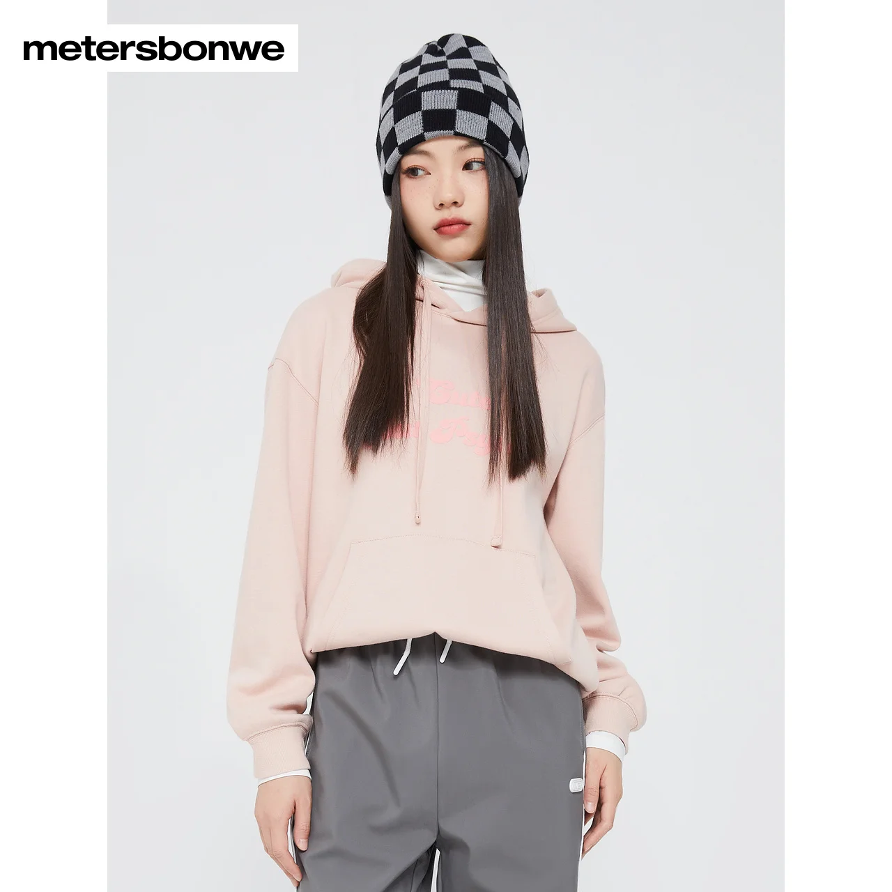 Metersbonwe-Women Knitted Blended Fabric Printed Hoodie Collar And Cuffs Splicing White Knitted Fabric Fake Two Pieces Pullover