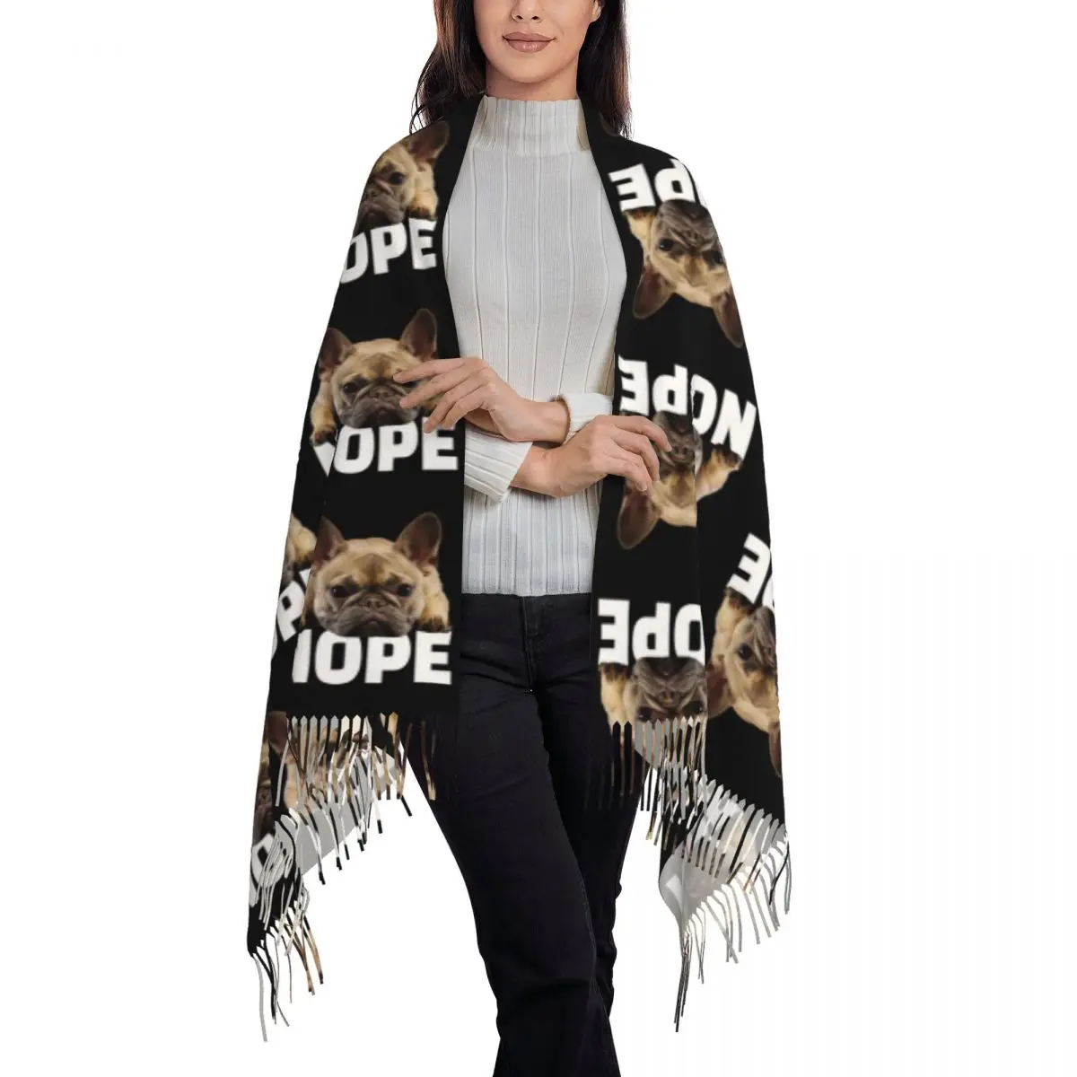 French Bulldog Nope Scarf Tassel Scarves Women Soft Warm Shawls and Wraps Large Fall Winter Shawl Wrap