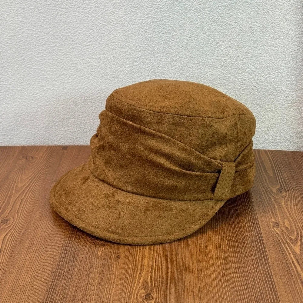 Warm Ruched Equestrian Hat Adjustable Inner Band Large Head Size Octagonal Cap Suede Wind Resistant Japanese Minimalist Hat
