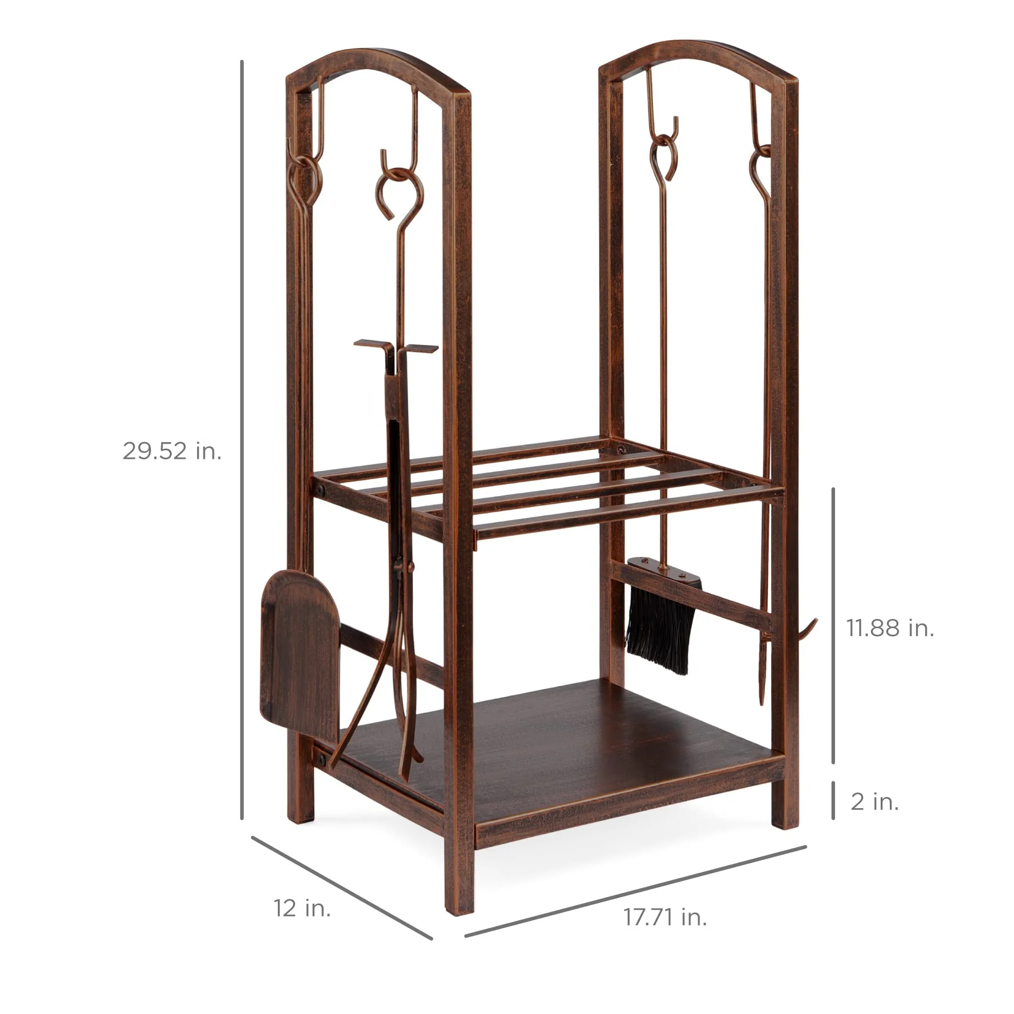 5-Piece Wrought Iron Firewood Rack & Fireplace Tools Set | Indoor Outdoor Fire Pit Kit with Hook, Broom, Shovel, Tongs