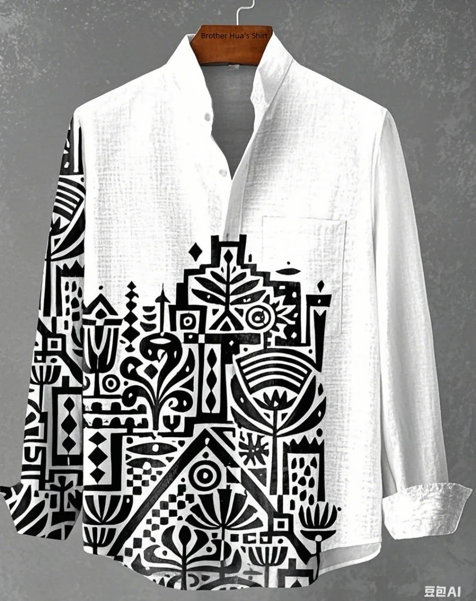 

2025 Fashion New Men's Stand up Collar Linen Long Sleeve Shirt 3D Art Printed Simple Pattern Men's Casual Comfortable Large Size