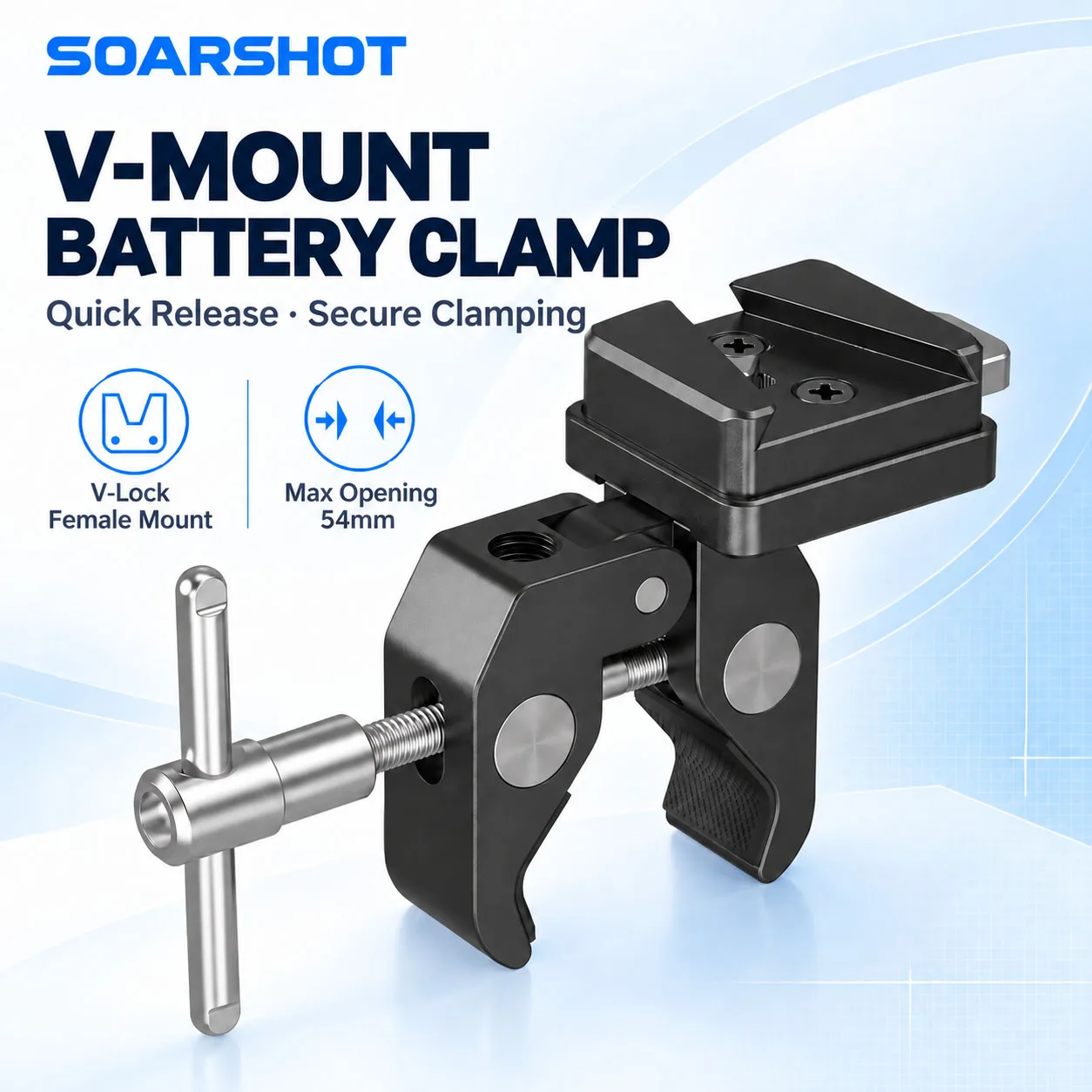 SOARSHOT V-Mount Battery Plate with 15-54mm Crab Clamp, V-Lock Female Quick Release Holder for Light Stand Camera Rig