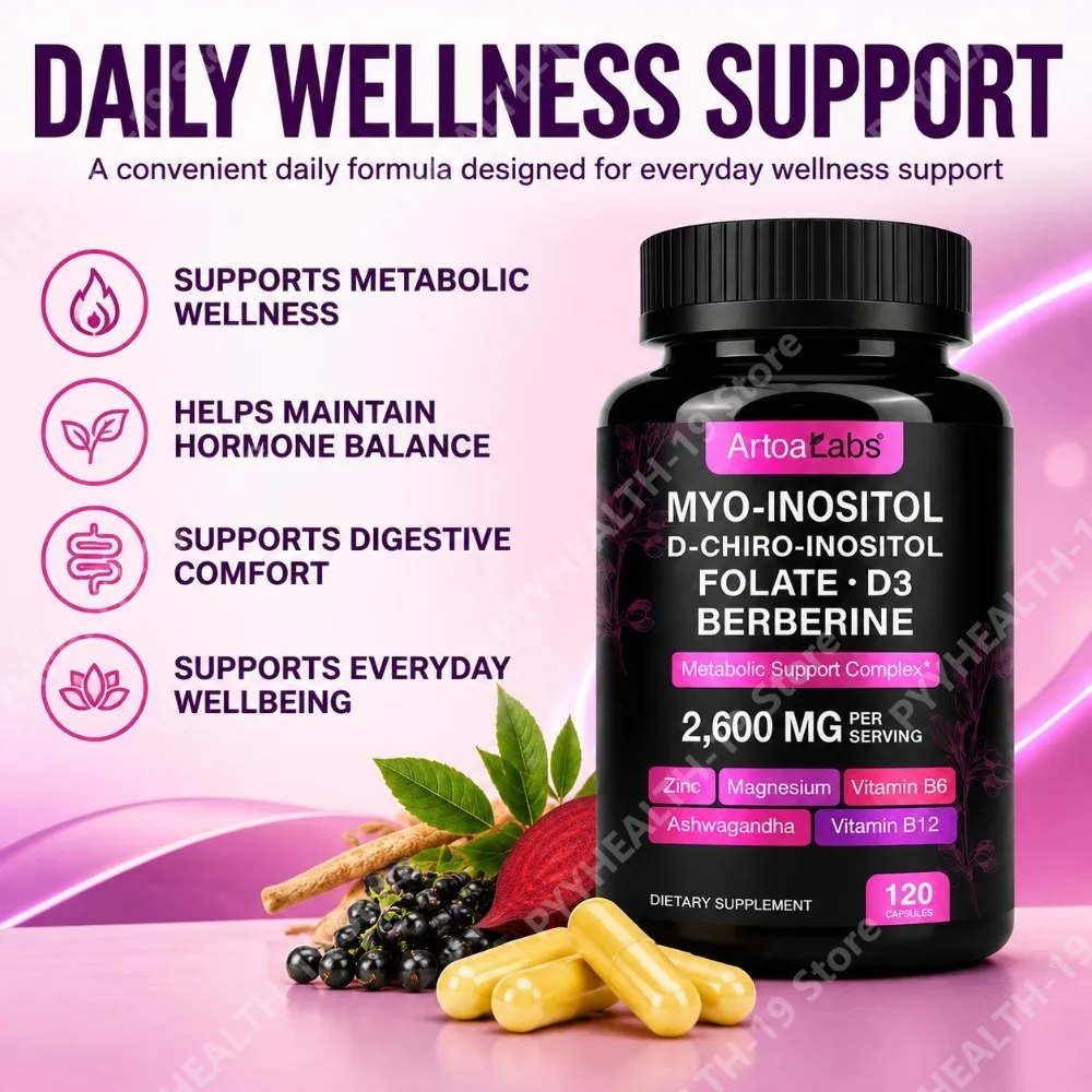 ArtoaLabs Myo-Inositol D-Chiro-Inositol Capsules Berberine Folate D3 For Metabolic Hormone Wellness Support Adult 120 Count