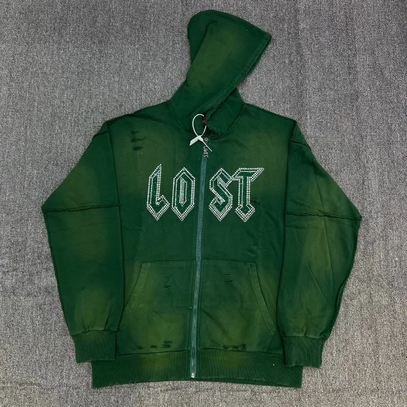 

Lost Intricacy Diamond Zip Hoodie Distressed Loose Sweatshirt New Washed Unisex Streetwear Casual Style