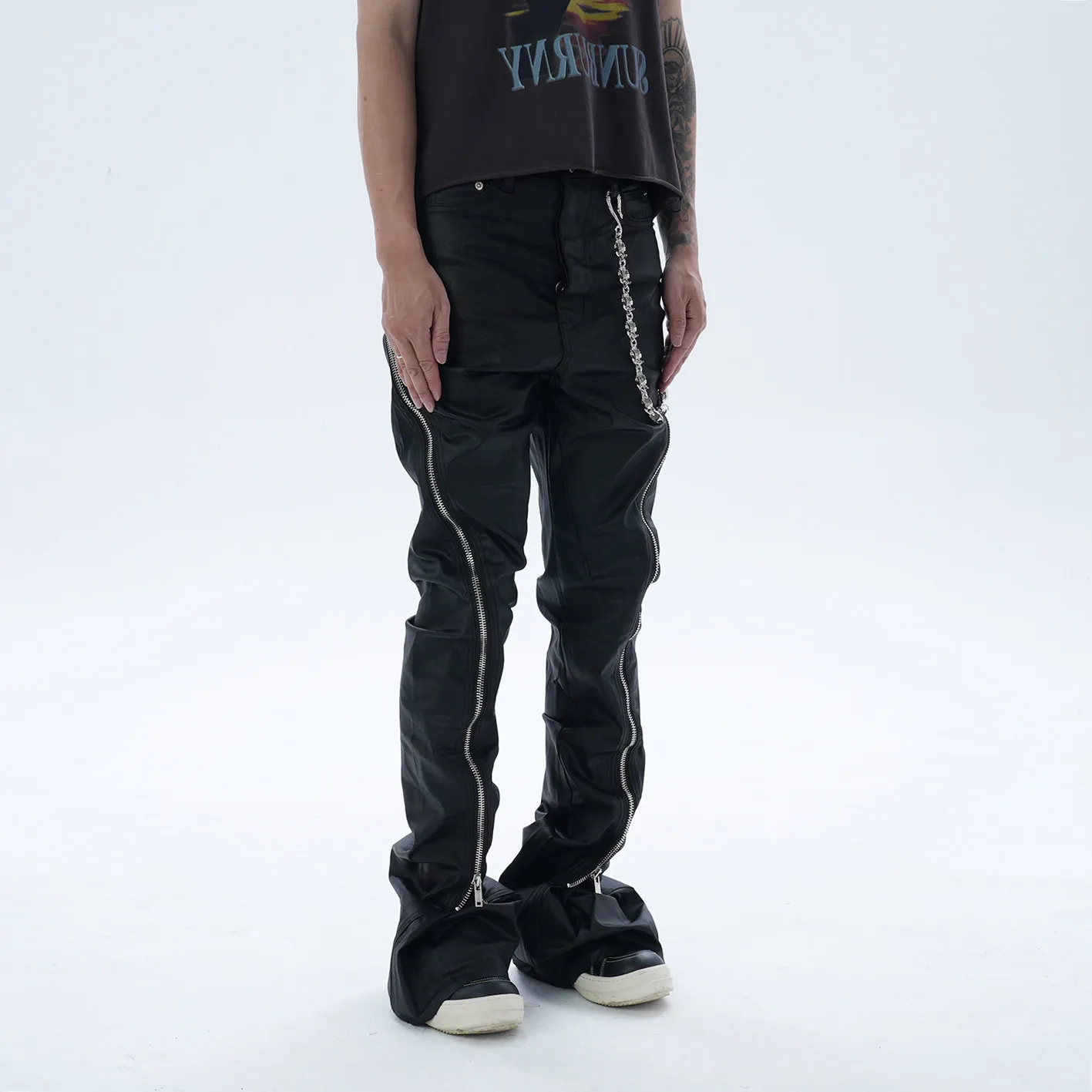 Fashionable American Retro Visual Spiral Big Zipper Coated Micro-Pull Mop Jeans Bell-Bottom Pants Men