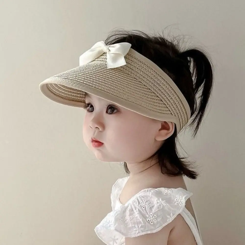 

Fashion Korean Baby Straw Caps Empty Top Anti-UV Bow Straw Hat Sun Protection Wide Brim Visor Cap Travel