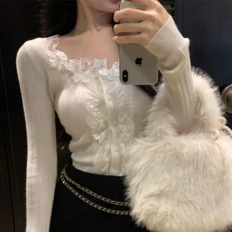 Sexy Slim Lace Cardigan Women Hot Solid Knitted Slash Neck Autumn Winter Spliced Long Sleeve Stretchy Chic Ulzzang Female Mujer