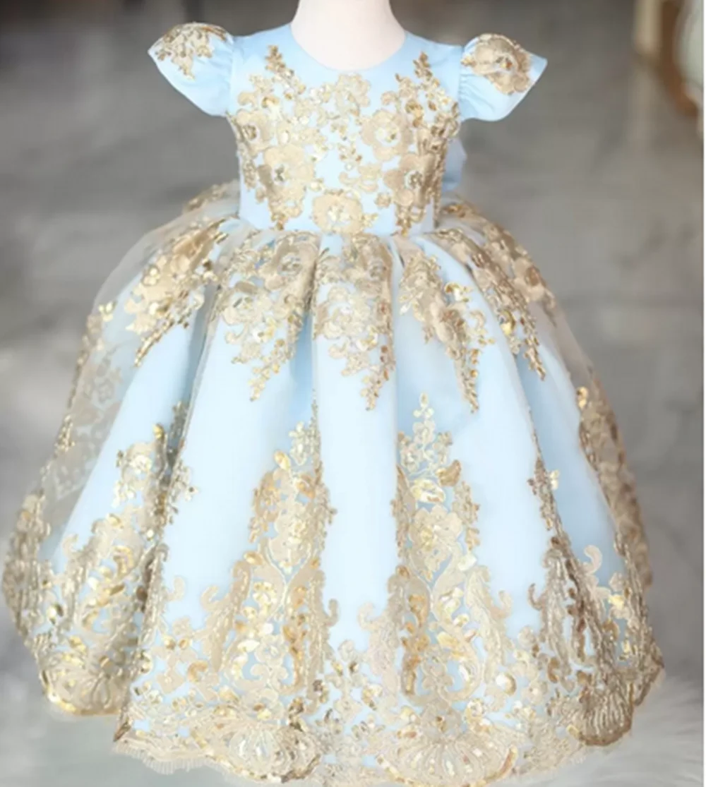 Abiti da ragazza di fiori blu cielo chiaro abiti da sposa per bambina con fiocco di paillettes Appliqued in pizzo abiti da compleanno per spettacolo di comunione