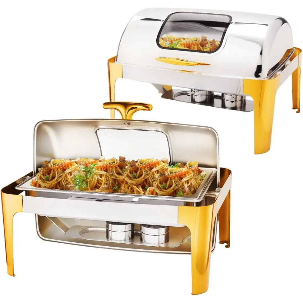 

9QT Chaing Dishes or Buet 2 Pack, Roll Top Chaing Dish Buet Set with Glass Window [Elegant Gold and Silver Col], Chaers and Buet