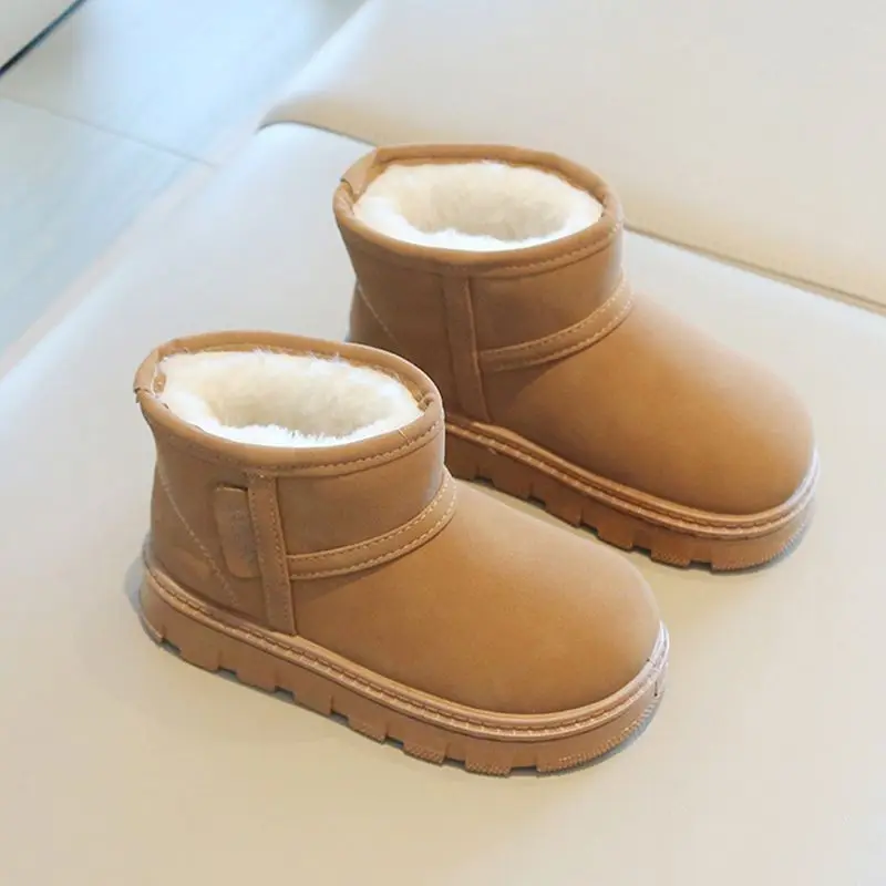 Inverno sólido crianças botas de neve couro do plutônio pelúcia quente grosso meninos meninas tornozelo sapatos deslizamento em fundo macio da criança crianças botas