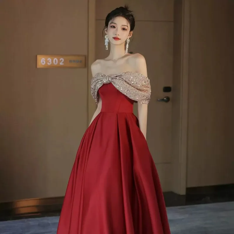 

Women Party Formal Gown Burgundy Satin Sequins Off the Shoulder Lace up Prom Dresses Elegant A-line Floor-length Evening Dress