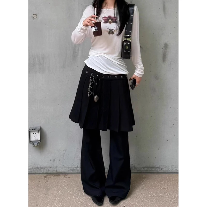 ReddaChic Autumn Pant skirt Fake Two Pieces Black Suit Pants Korean Popular Bootcut Pleated Trouser Side Zipper Outfits Wear