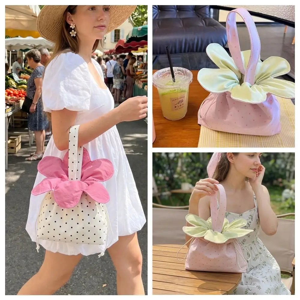 Bundle Pocket Flower Drawstring Crossbody Bag Korean Style Plaid Sparkly Star Flower Bag Cute Portable Canvas Shoulder Bag Women