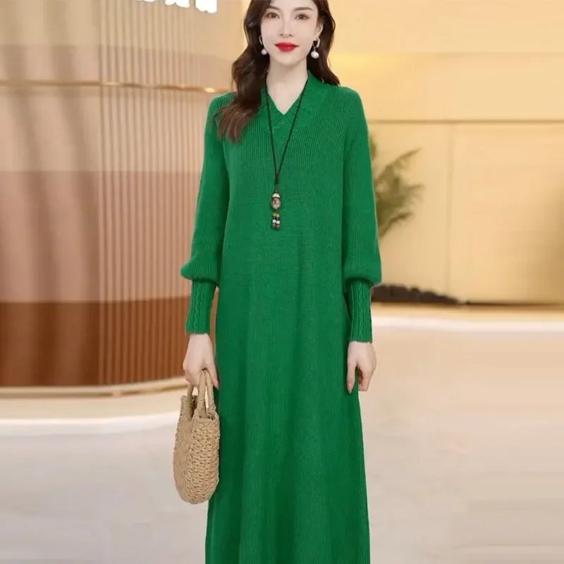 

Mom's Autumn And Winter Thick Knitted Wool Dress Wool Sweater Slim High-End Knee Length Long Sleeved Dress Loose Plus Size XXXL