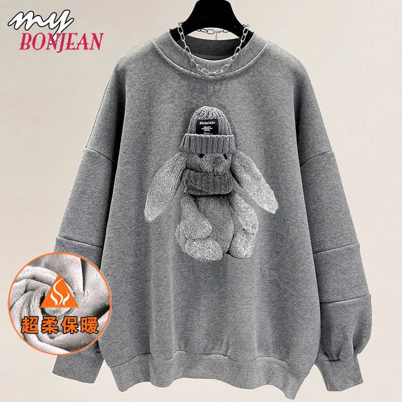 2021 Women Plus Size Fleece Cartoon Pullover Thick Korean Loose Embroidery Women Streetwear Women Kawaii Clothes Sweatshirt