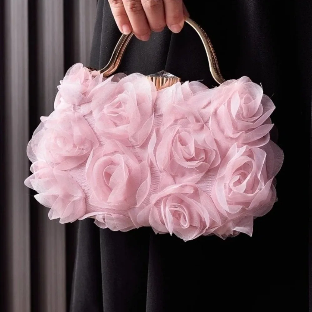

3D Rose Flower Evening Bag with Chain Rhinestones Top Handle Evening Clutch Purse Women Party Handbag