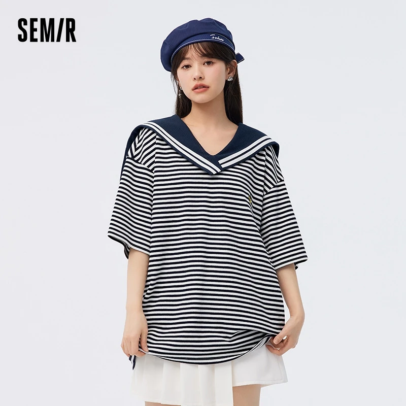 Semir Women Mid-Length Oversize T-Shirt With A Navy Collar And Waffle Grid Pattern A New Arrival For The 2024 Summer Season