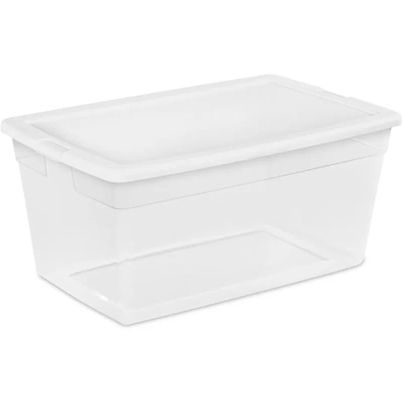 

90 Qt Storage Box, Stackable Bin with Lid, Plastic Container to Organize Clothes, Blankets, Towels in Closet, Clear with White L
