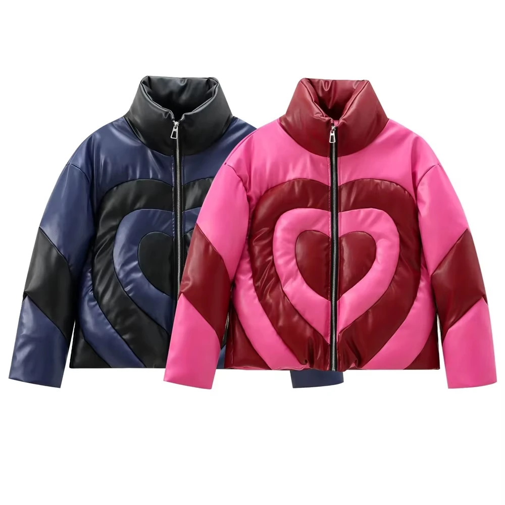 

2025 Autumn New Product Women's Fashion Leisure Versatile Stand up Collar Zipper Decoration Love Color blocked Cotton Coat