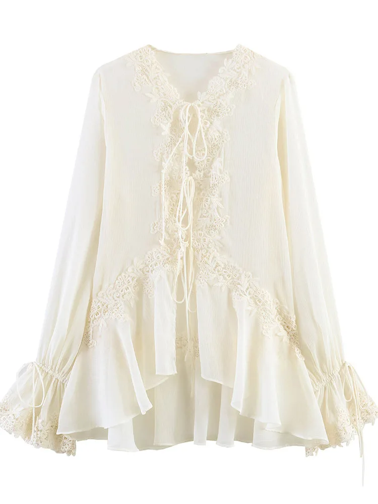HH Women Summer Spring Elegant Ivory Lace Patchwork Chiffon Blouse Tie Front V Neck Tie Cuff Peplum Hem Sheer Long Sleeve Top