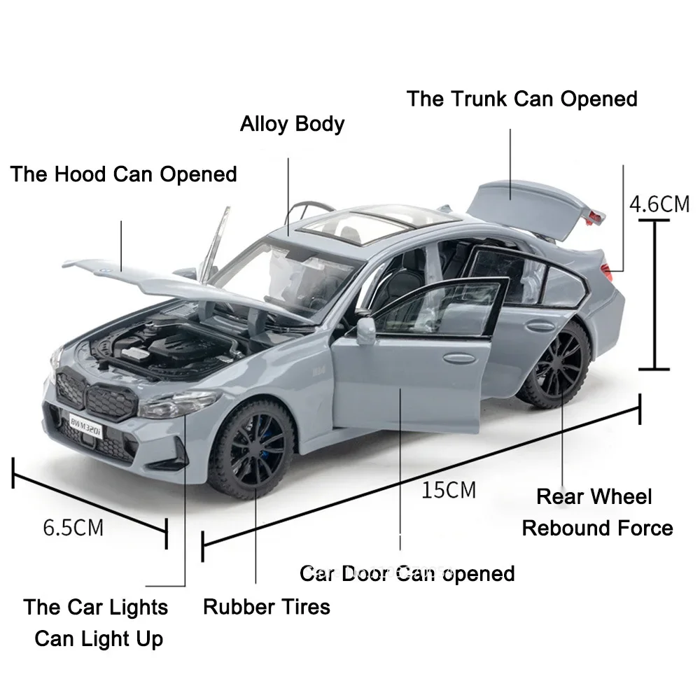 1:32 BMW 320i Automodell Spielzeug Metalldruckguss Miniaturfahrzeuge Legierungskörper 6 Türen geöffnet Sound Licht zurückziehen Ornament Kindergeschenke