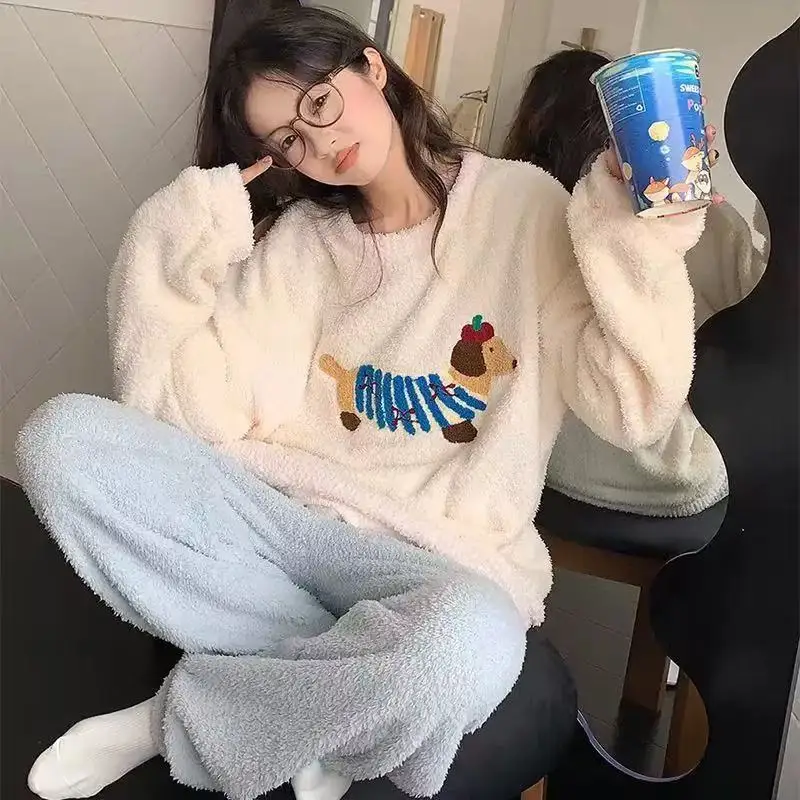 

Women's Pajamas Set Half-Fleece Coral Fleece Cute Autumn Winter Girl's Warm Thick Sleepwear Loungewear Home Clothes Nightwear