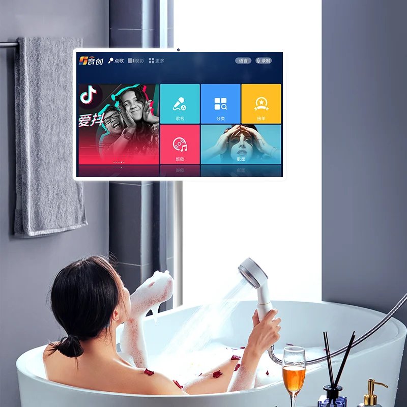 Televisión inteligente inalámbrica recargable para baño, dispositivo de televisión de pantalla grande, interactivo, portátil, móvil de 32 pulgadas con soporte