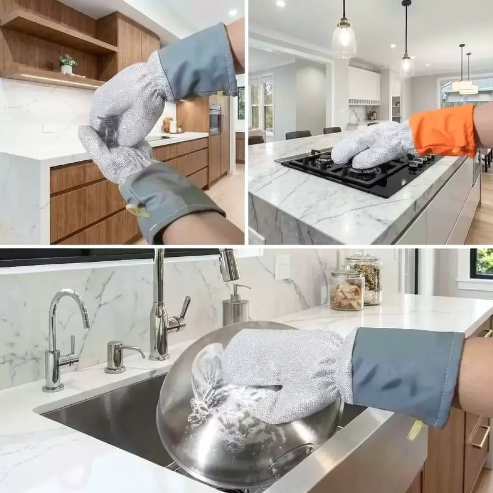 Heavy Duty Dishwashing Gloves Silver Wire Scrubber Kitchen Cleaning Mitts Thickened Waterproof Protective Hand Protector