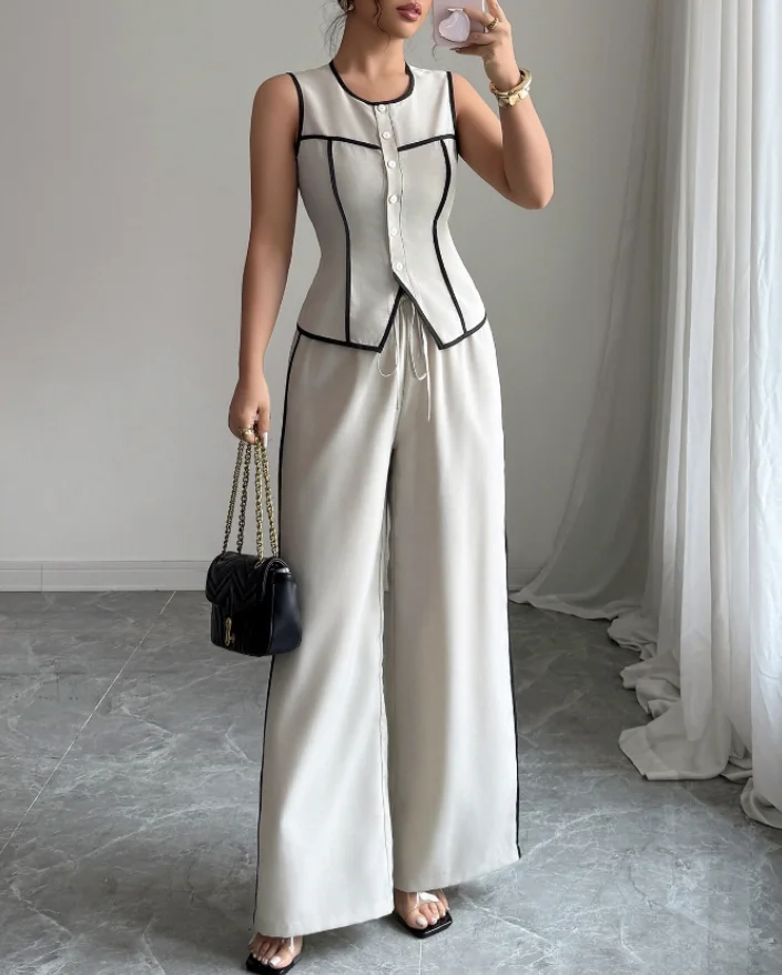 새로운 여성 우아한 버튼 조끼 & 와이드 레그 팬츠 세트, 여성 여름 패션 투피스 캐주얼 세트