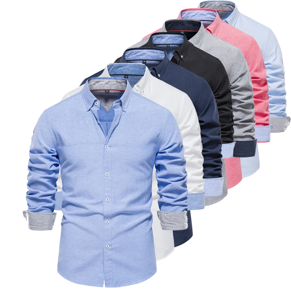 Camicia da uomo Oxford in cotone 70% Manica lunga Colletto rovesciato Abiti firmati Camicetta con bottoni di qualità Camicie da uomo in sette colori