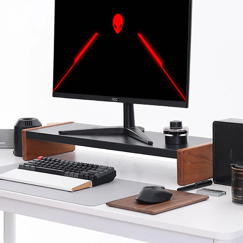 

Ergonomic Monitor Stand Riser Solid Wood & Carbon Steel Desktop Organizer Office Storage Shelf Computer Screen Holder for Home