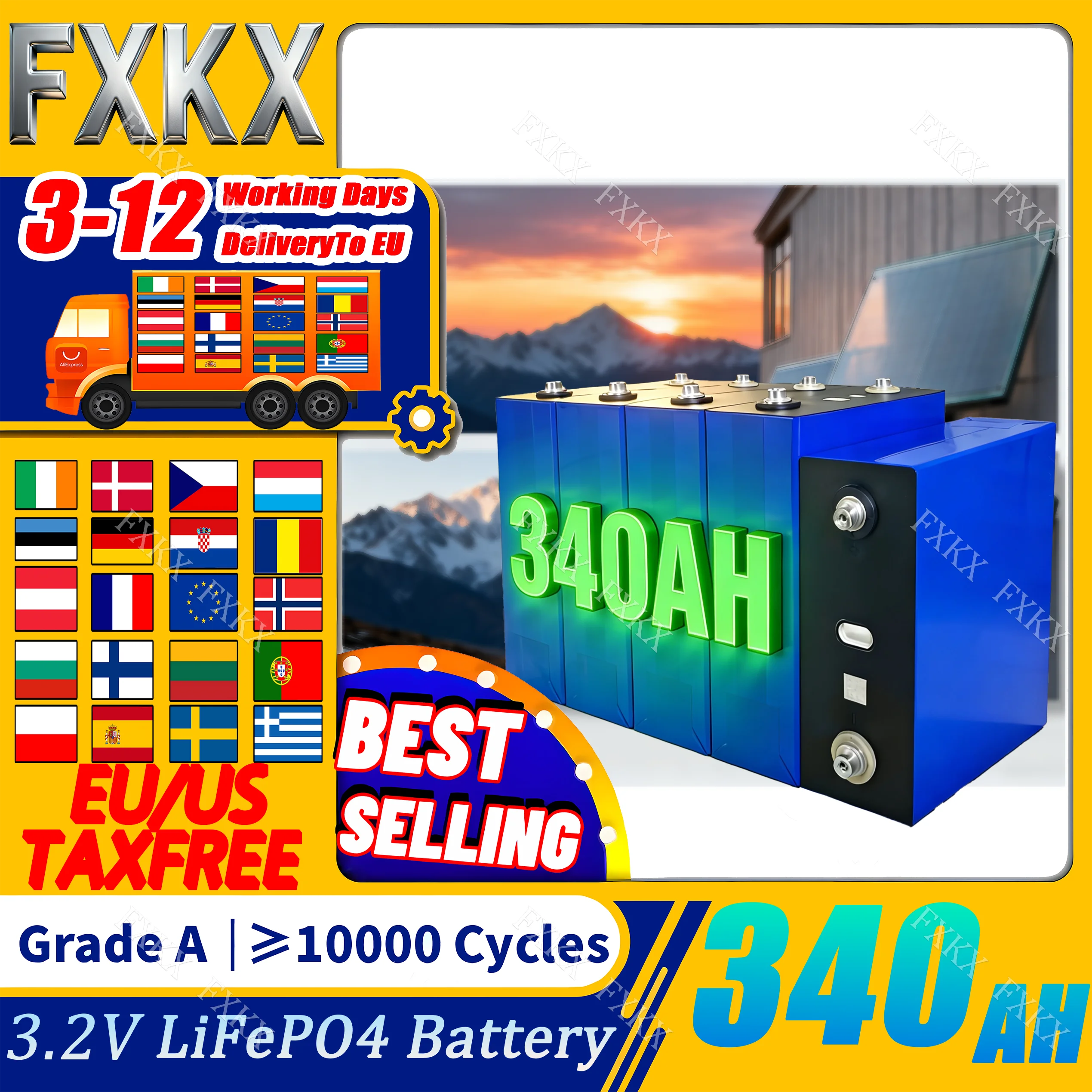 Magazzino UE 3.2V 340Ah LiFePO4 10000 Cicli Grado A Batteria Solare FAI DA TE 12V 24V 48V Batteria Ad Alta Capacità per Solar RV Consegna Veloce