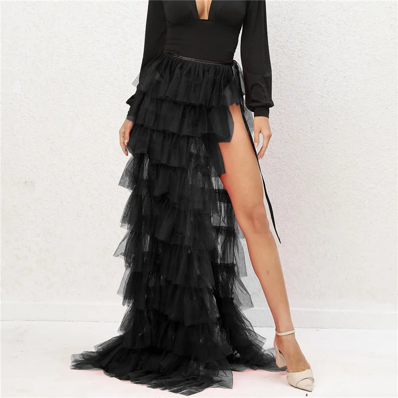 

Vsstiar New Design Tiered Ruffle Tulle Long Skirt High Waist Split Mesh Women Ball Gown Skirts Fashion Nightclub Party Bottoms