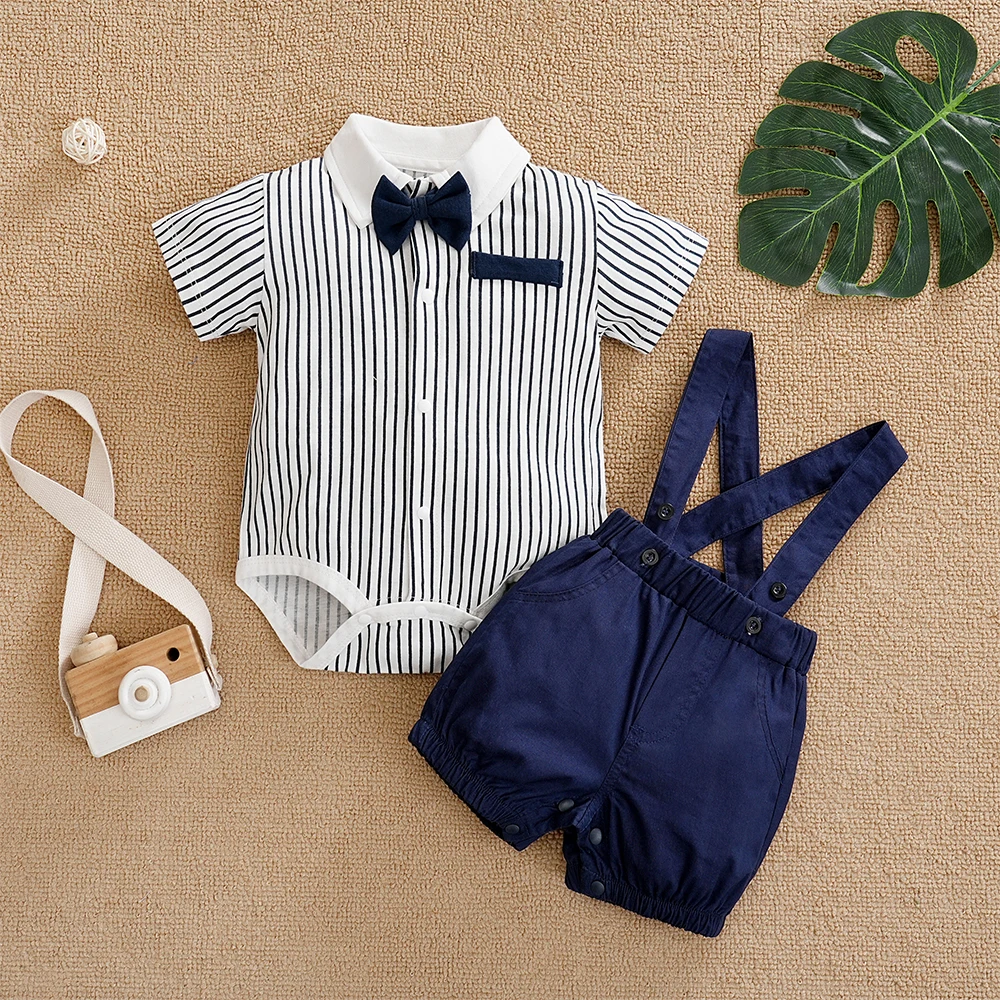 2 pcs Baby Boy Clothes Set Gentleman Style Short Sleeves Striped Print Polo bodysuit + Short