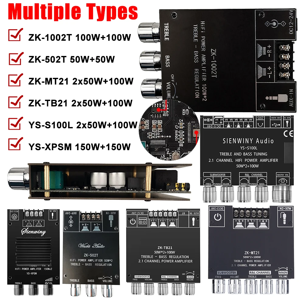 Amplifier Board ZK-1002T ZK-502T YS-S100L 50W 100W 150W Bass Note Tuning AMP Bluetooth-Compatible Amplifier Module Audio Module