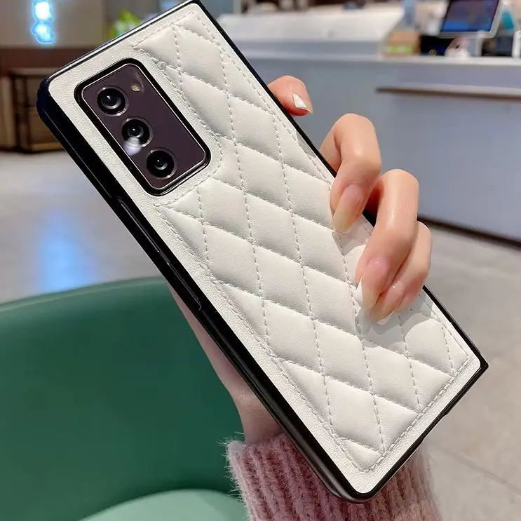 For Samsung Galaxy Z Fold 3 4 5 6 7 Luxury Leather Rhombus Case Pure Color Camera Protection Soft Cover