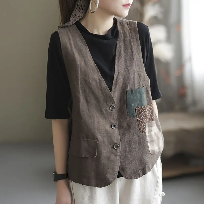 

Vintage Cotton Vest Sleeveless Cardigan Tops Thin Jacket Pocket Single-breasted Design Women's Clothing Trend Waistcoat New