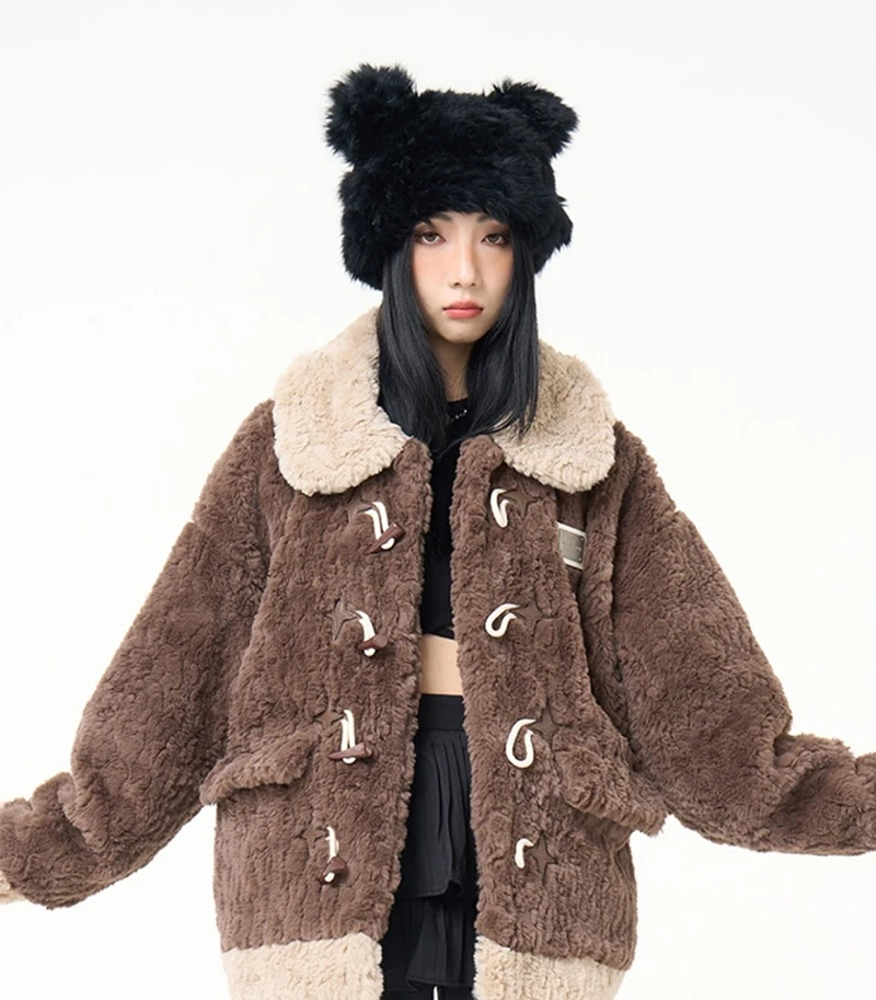 Chic Brown Women Shearling Jacket Toggle Button Coat Contrast Collar Loose Cozy Preppy Streetwear Winter Outerwear Top