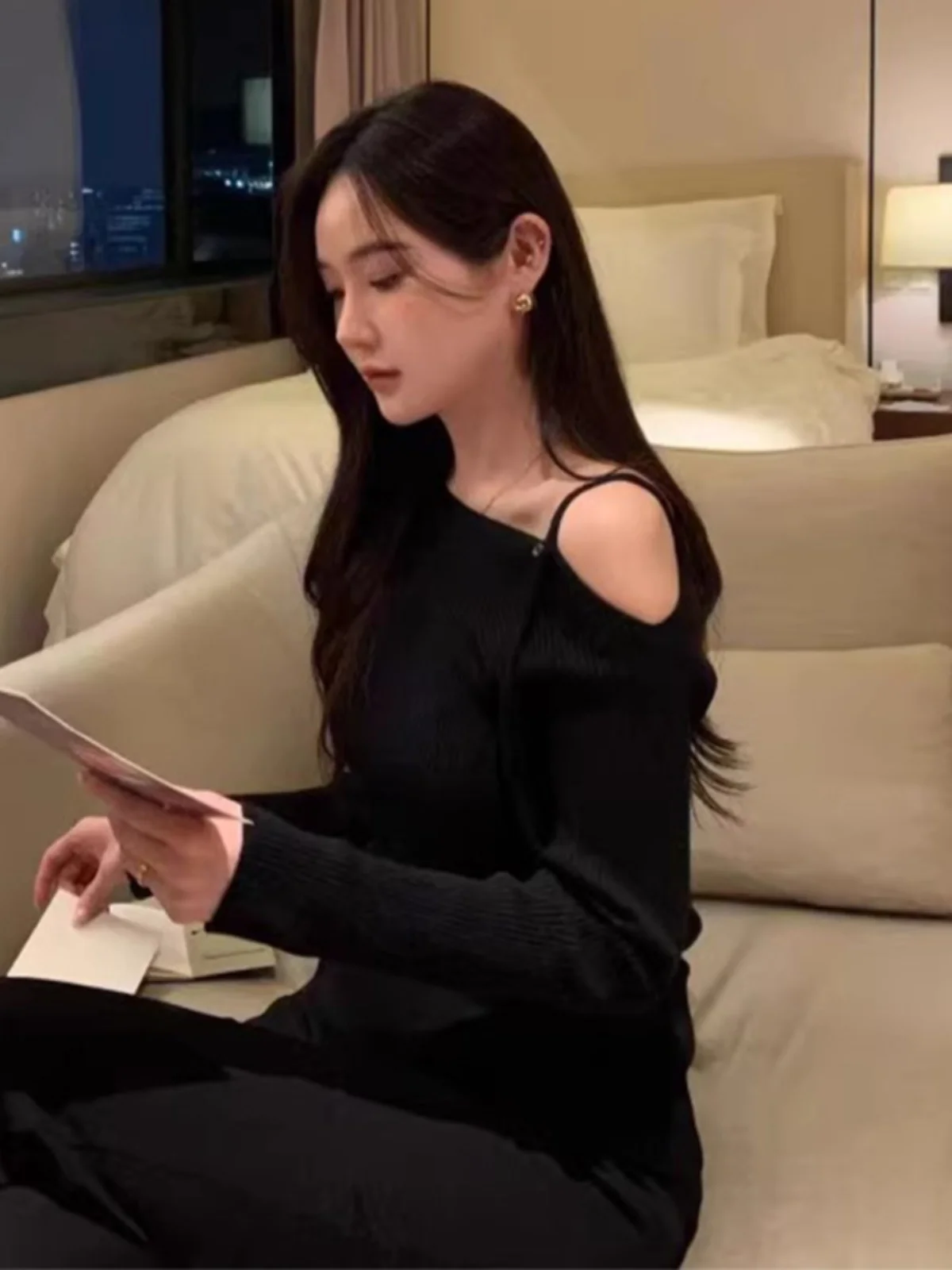 

Ele Spring Knitted Long Sve Belted Asymmetrical oulder Bared Slimming Women's Faion Commute Korean Sle Cotton Blend