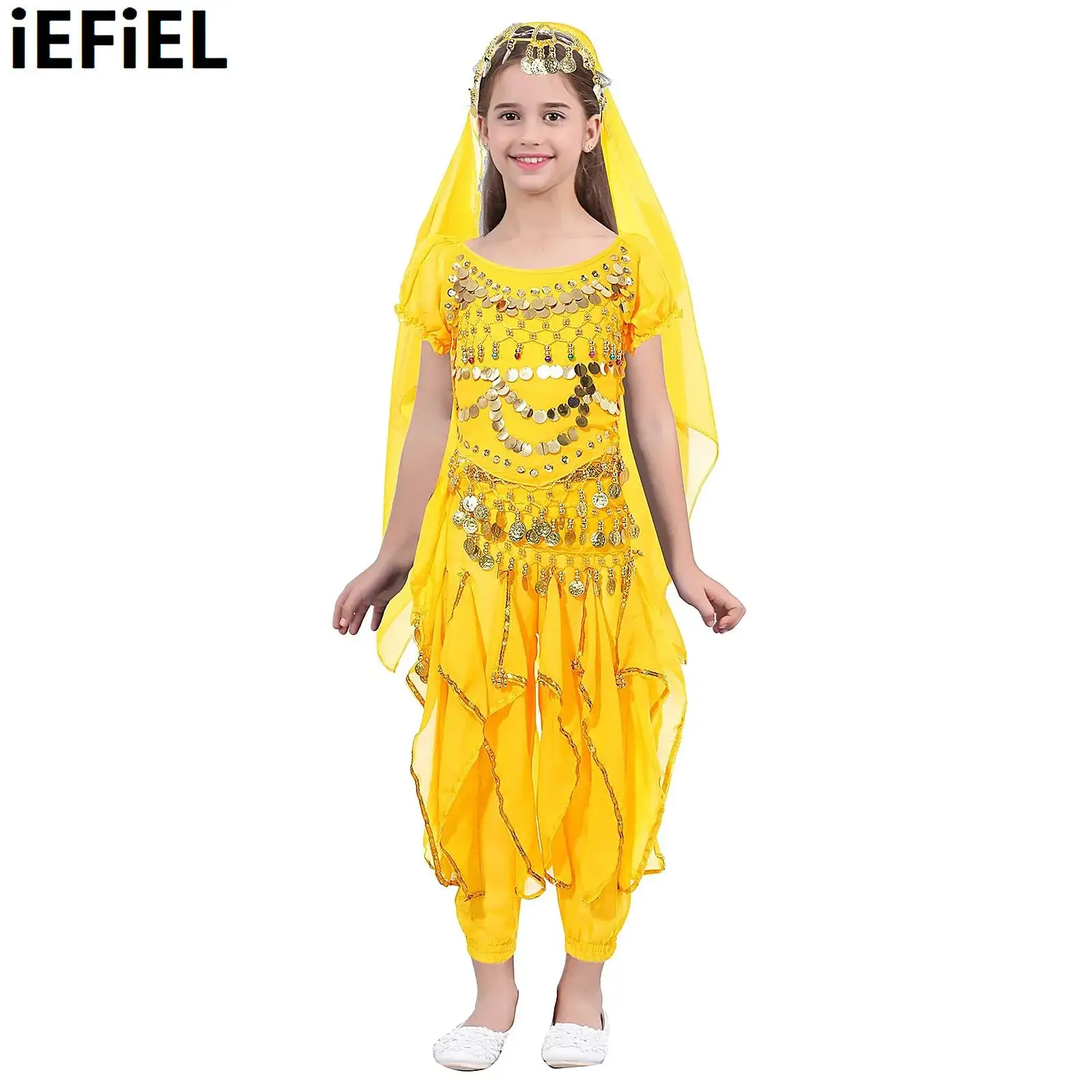 

Kid Girls Belly Dance Outfit Lace-up Back Puff Sleeve Crop Top Ruffled Pants Hip Scarf Headscarf for Performance