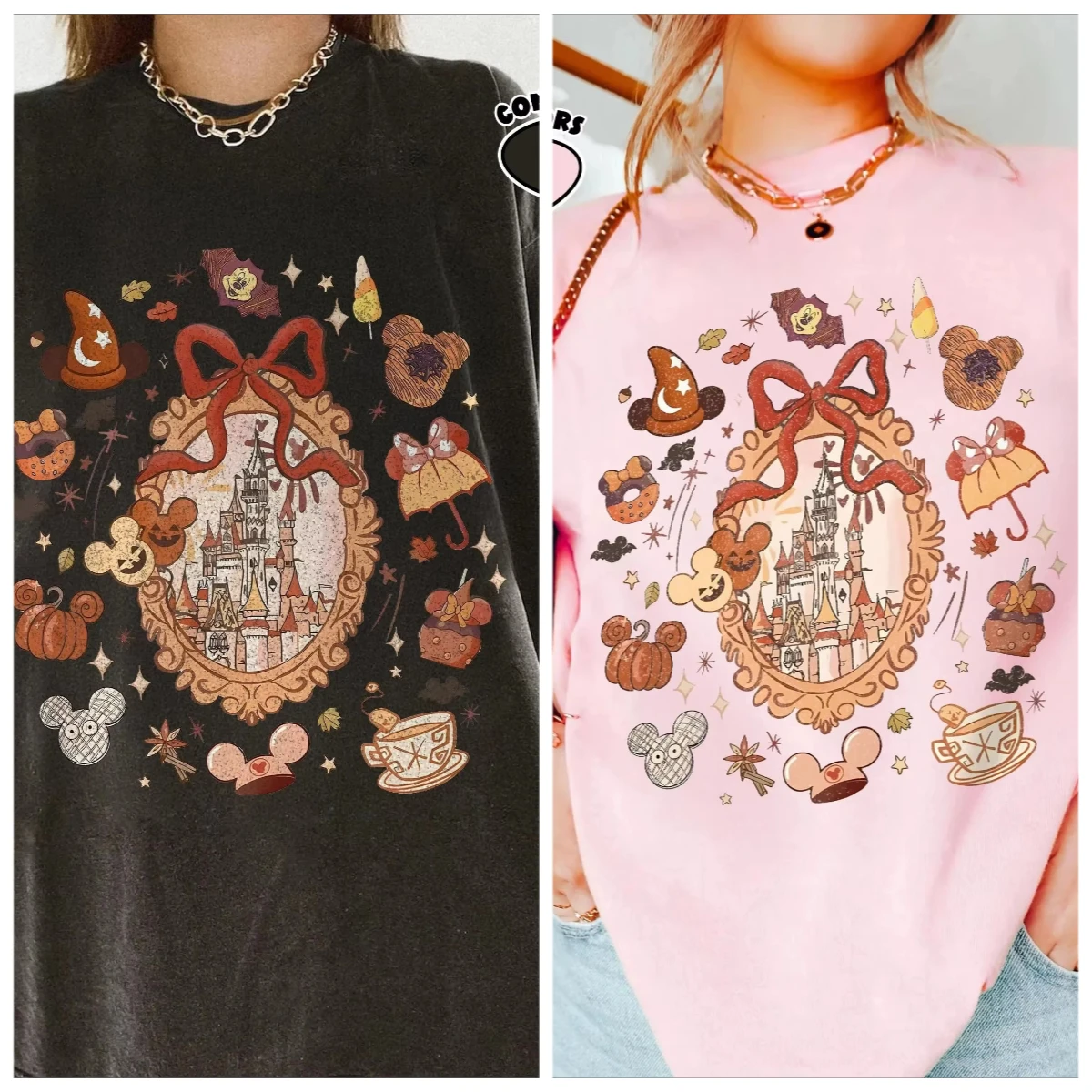 

Disney Halloween Candy Trend Casual Cute Printed T-shirt Disney Comfortable Color Crewneck T-shirt Haunted House Autumn T-shirt