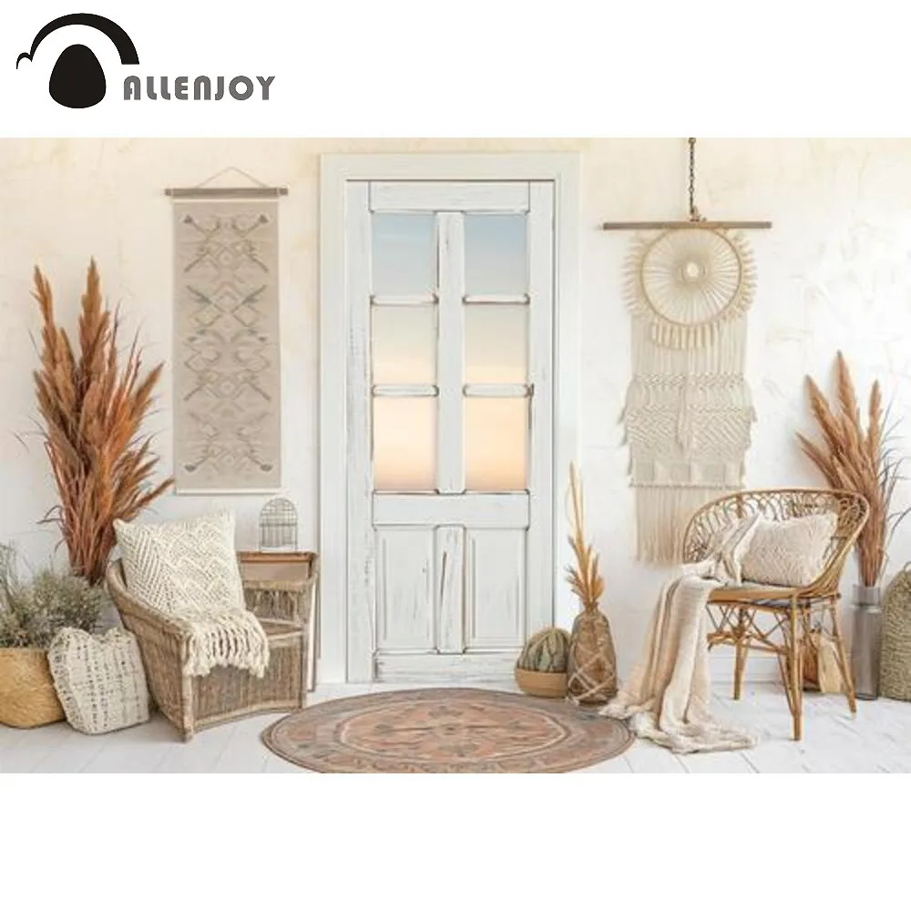 Allenjoy Bohemian Room Interior Photography Backdrop White Door Boho Decorations Background for Newborn Portrait Photoshoot