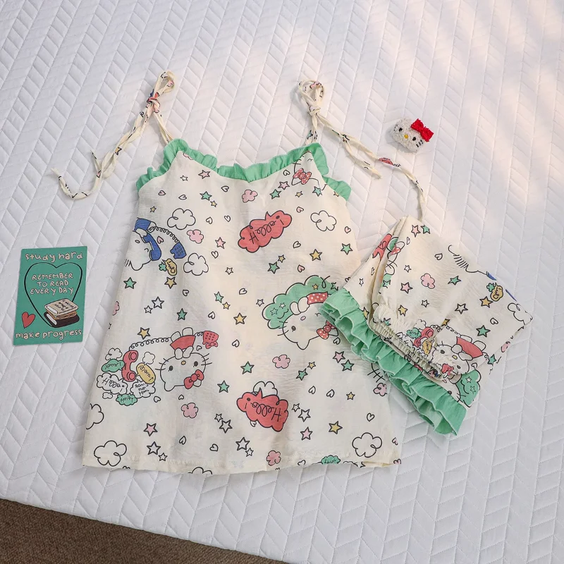 Cartoon Hello Kitty Pyjama Zomer Katoenen Jarretelshorts Tweedelige Set Casual Damespyjama 'S Met Borstkussentjes Loungewear Set